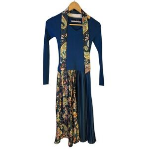 Dalia MacPhee Teal Ribbed Knit Paisley Pleated Midi Dress with Scarf Womens S